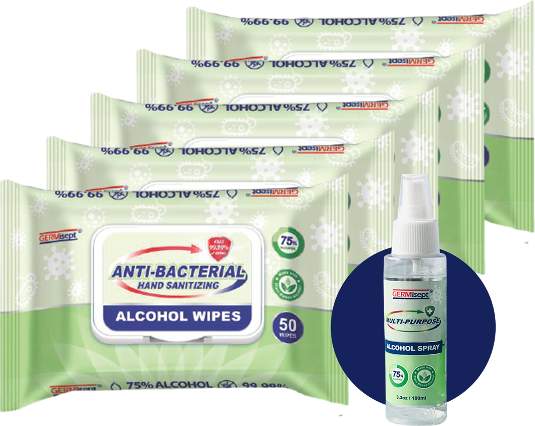 Germisept Antibacterial Alcohol Wipes (50 Count Packs) + Spray Bundle